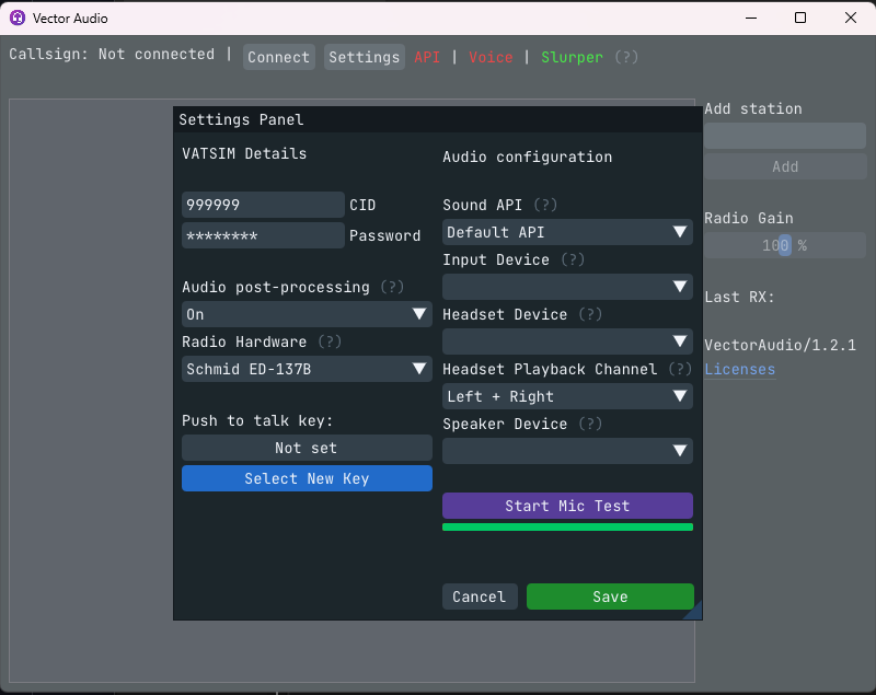 VectorAudio client settings